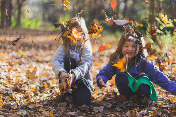 Little kids playing in fall leaves